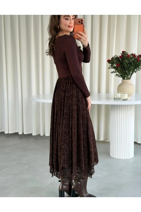 Kadın Şal Desenli Şifon Etek - Astarlı Tül Detaylı Bohem Midi Boy Kloş Etek Image 3