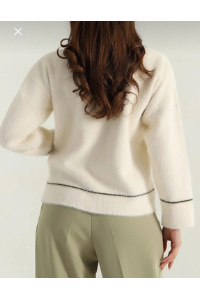 kadın ekru bebe yaka inci düğmeli cepli yumoş hırka Image 3