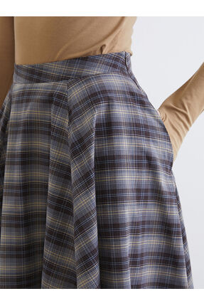 Kahverengi Beli Fermuarlı Ekose Kloş Etek Image 3