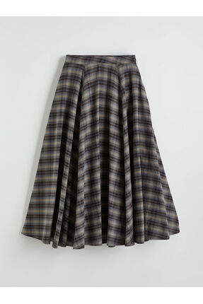 Kahverengi Beli Fermuarlı Ekose Kloş Etek Image 5