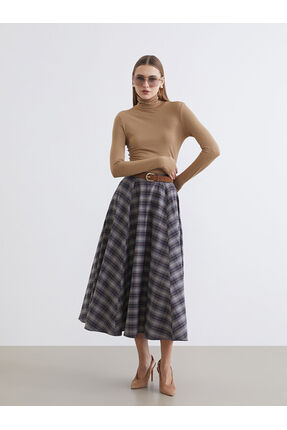 Kahverengi Beli Fermuarlı Ekose Kloş Etek Image 1