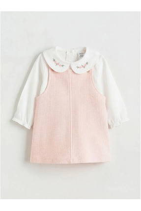 LCW baby Pembe Bebe Yaka Çiçekli Kız Bebek Salopet Elbise Image 0