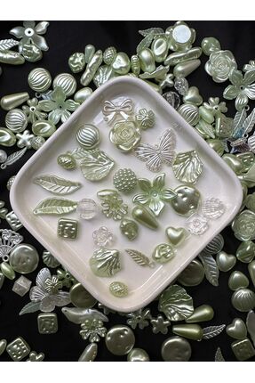 40 Adet Sedefli Yeşil Şeffaf Karışık Figürlü Plastik Boncuk Image 0