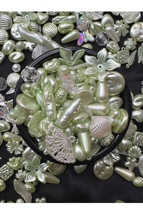 40 Adet Sedefli Yeşil Şeffaf Karışık Figürlü Plastik Boncuk Image 2