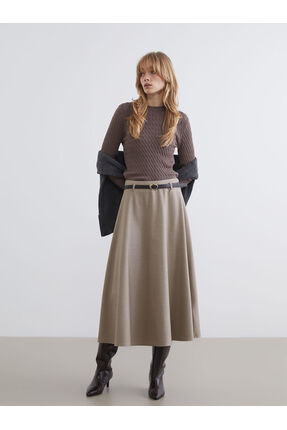 Bej Beli Kemerli Kloş Etek Image 0
