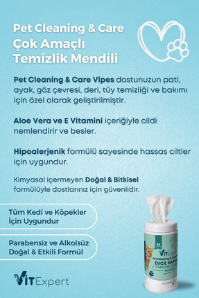 Evcil Hayvan Pati Tüy Kulak Göz Temizleme ve Bakım Kedi Köpek Mendili Hijyenik Islak Mendil 50 Adet Image 1