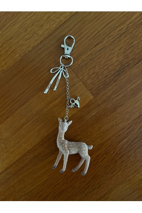 Coquette Tarzı Kadife Dokulu Geyik Anahtarlık - Gümüş Fiyonk Detaylı Bambi Çanta Süsü Charm Image 3