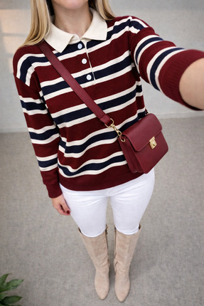 Kadın Kazak Düğmeli Polo Yaka Çizgili Oversize Triko Kazak Image 1