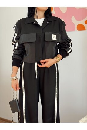 Tasarım Şerit Yazı Detaylı Siyah Pantolon Ceket Takım Image 3