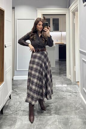 Ekose Kemerli Etek Kahverengi-Bej Image 0