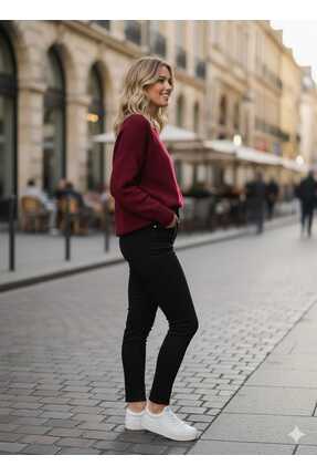 Bordo Bisiklet Yaka Oversize Triko Kadın Kazak Image 1