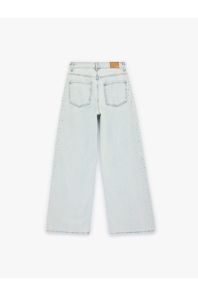 Pamuklu Düğmeli Cepli Geniş Paça Taşlı Denim Pantolon - Wide Leg Jeans Image 1