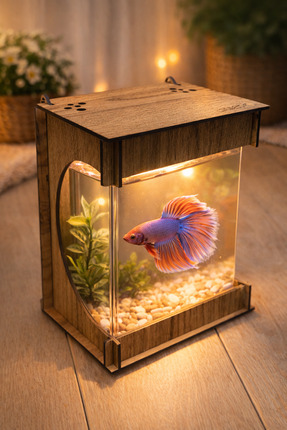 Beta Mini Ledli ışıklı Akvaryum Ahşap Tasarım Hediyelik Kişiye özel Üretim Image 3