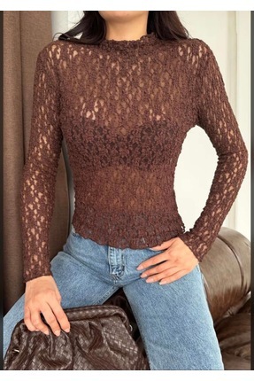 DİK YAKA TRANSPARAN DETAYLI BLUZ Image 0