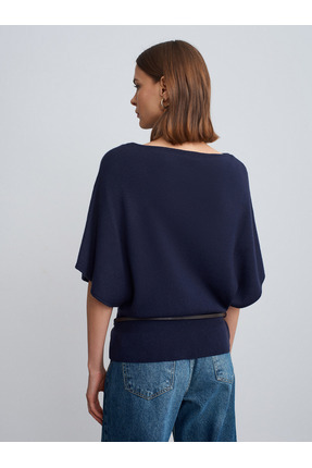 10838 Yün Karışımlı Kemerli Kayık Yaka Kazak-Laci Mel. Image 1