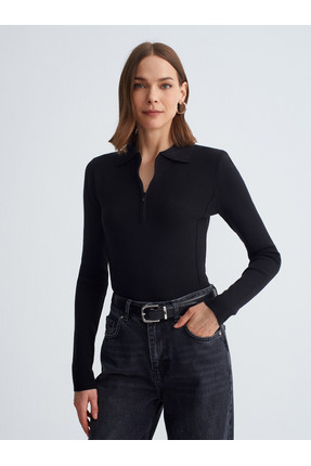 10862 Kaşmir Karışımlı Fermuarlı Kazak-Siyah Image 1