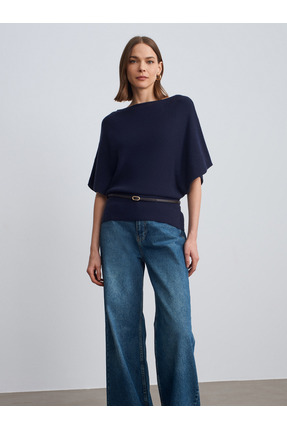 10838 Yün Karışımlı Kemerli Kayık Yaka Kazak-Laci Mel. Image 2