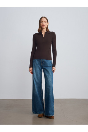 10862 Kaşmir Karışımlı Fermuarlı Kazak-Koyu Kahve Image 3