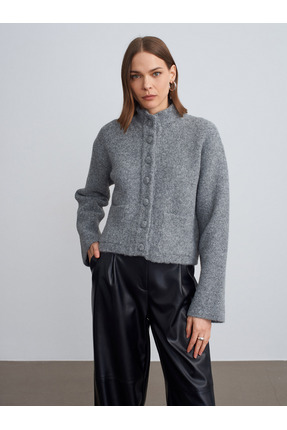 60995 Dik Yaka Düğmeli Triko Hırka-Füme M. Image 2