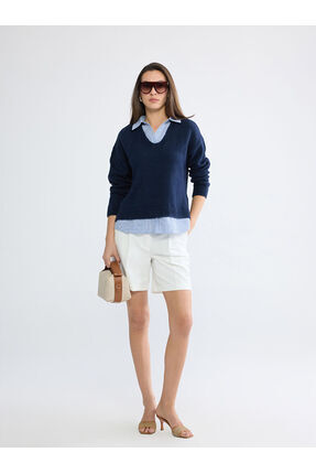 Lacivert Gömlek Yaka Çizgili Kadın Triko Kazak Image 3