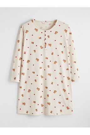 PATENTH'DEN Bej Bisiklet Yaka Ayı Teddy Desenli Hamile Gecelik Image 4
