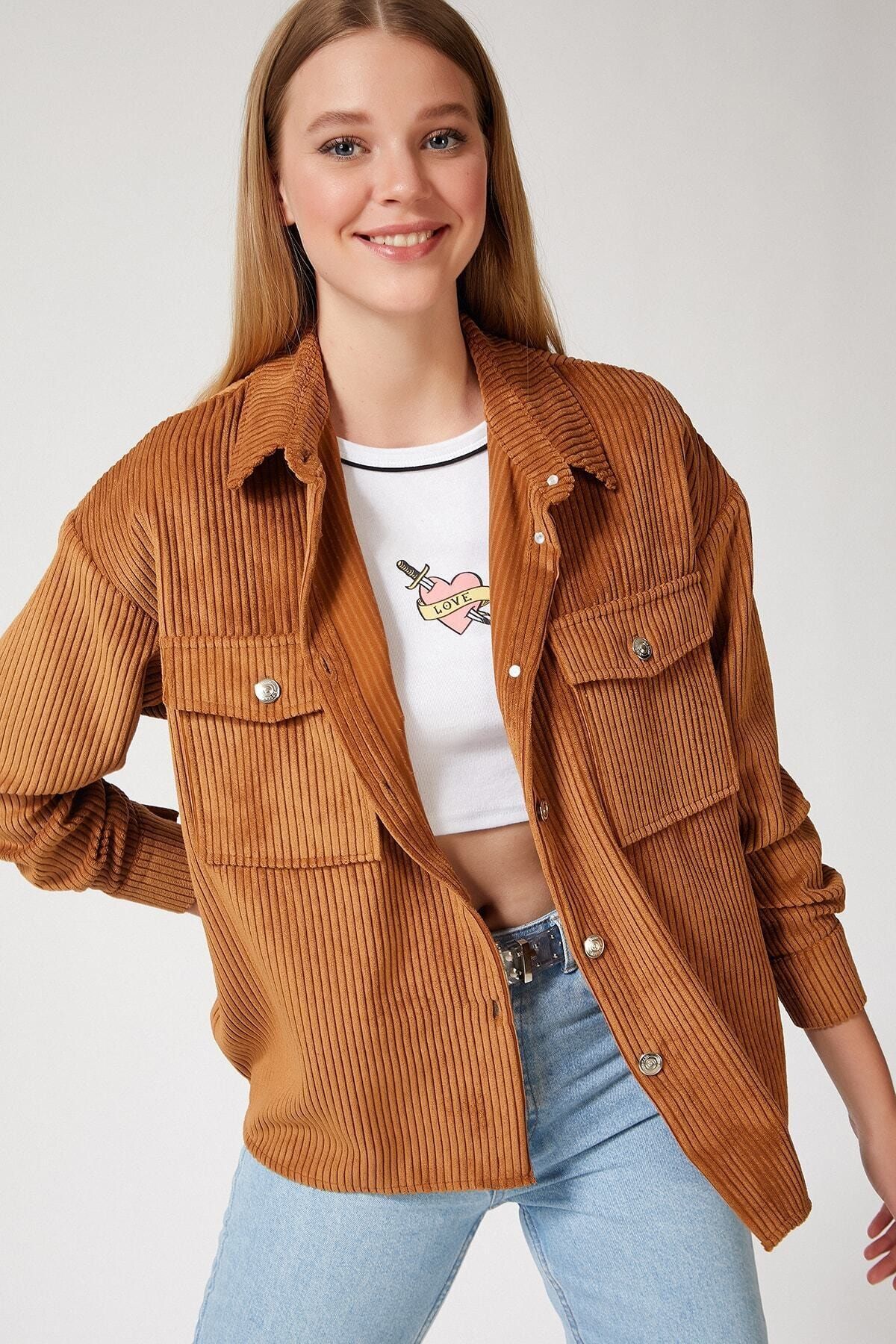 hazelin Kadın Camel Kadife Hafif Oversize Gömlek