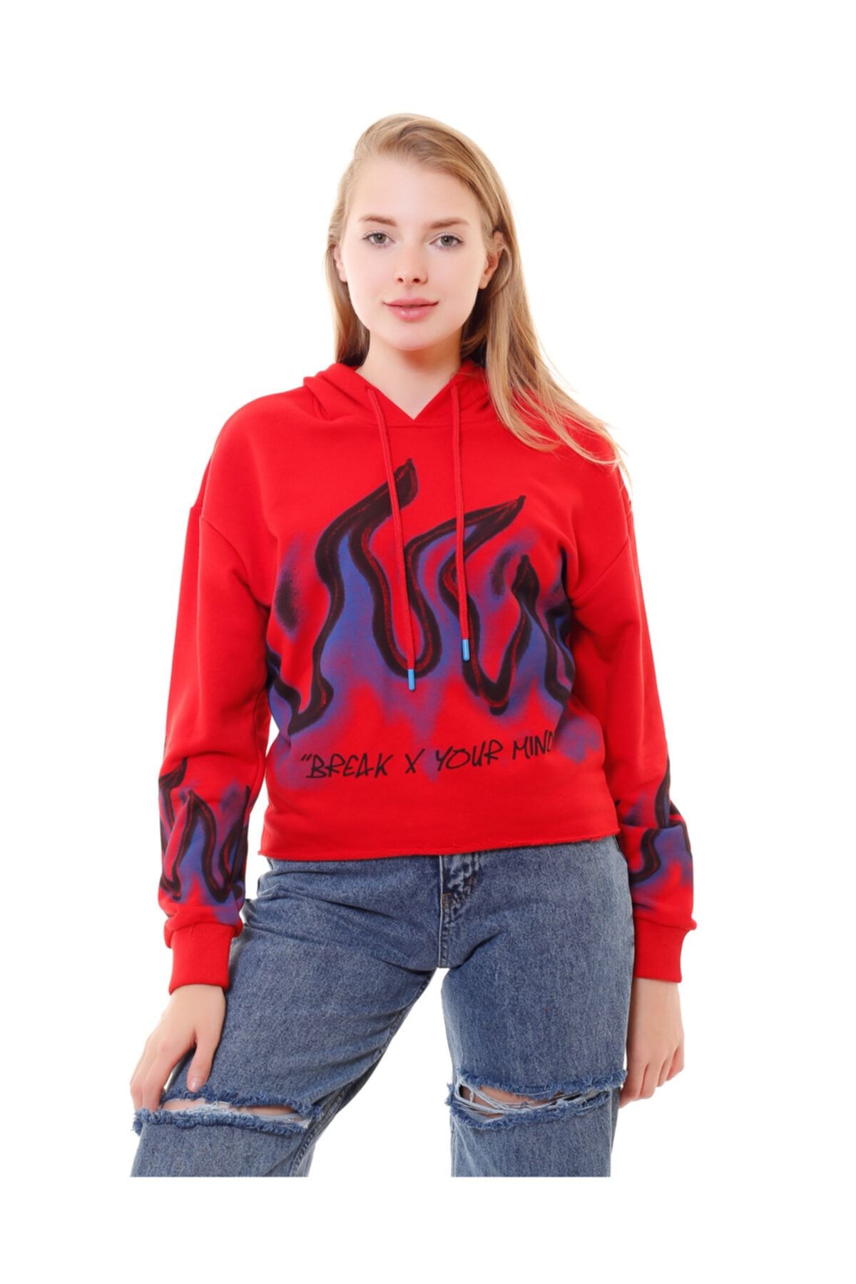 Masorte Alev Baskılı Kapüşonlu Kırmızı Sweatshirt