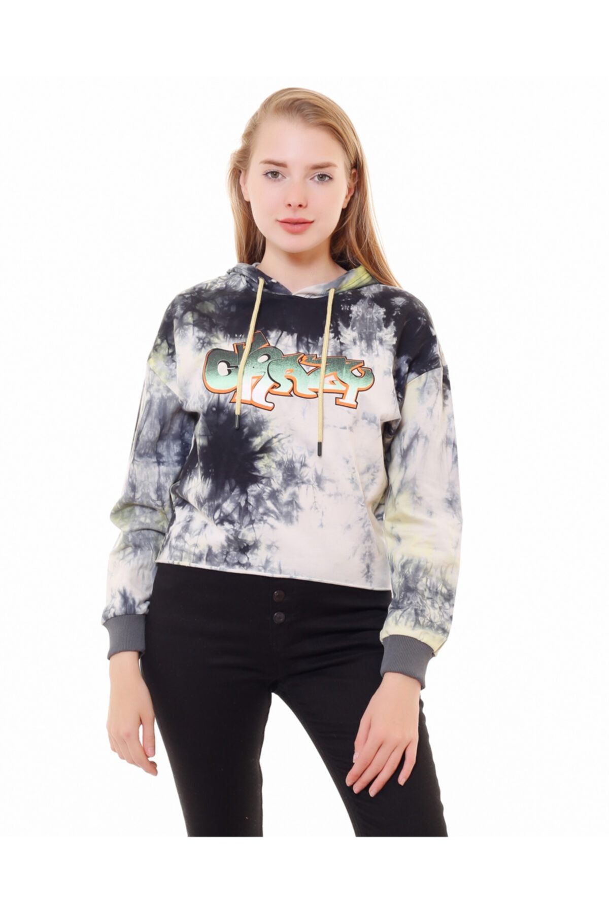 Masorte Crazy Baskılı Batik Desenli Kapüşonlu Beyaz Sweatshirt
