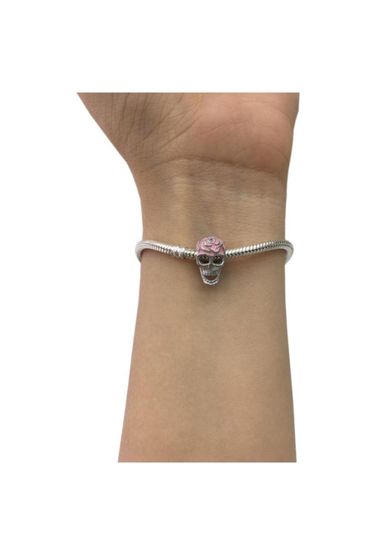 My Story Pembe Gül Detaylı Kurukafa Gümüş Charm