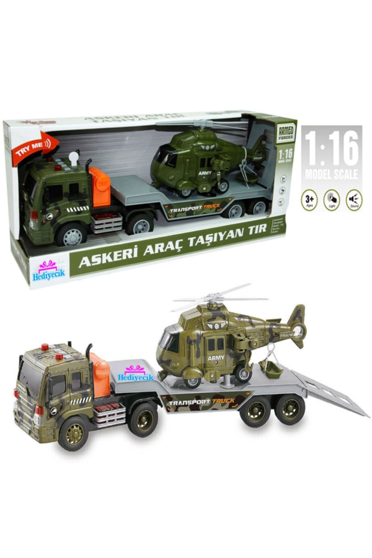 hediyecik Oyuncak 1:16 Sesli Işıklı Askeri Çekici Tır Ve Askeri Helikopter