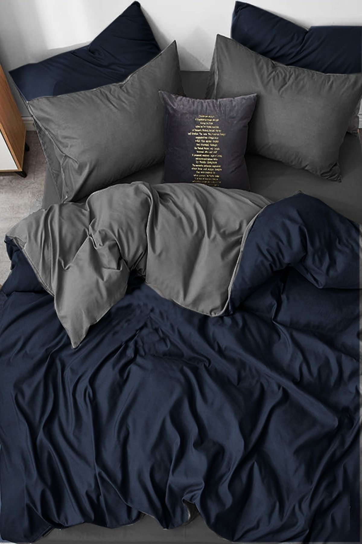 SEDEF HOME Nevresim Takımı Çift Kişilik Lastikli Çarşaflı 160x200-lacivert/antrasit