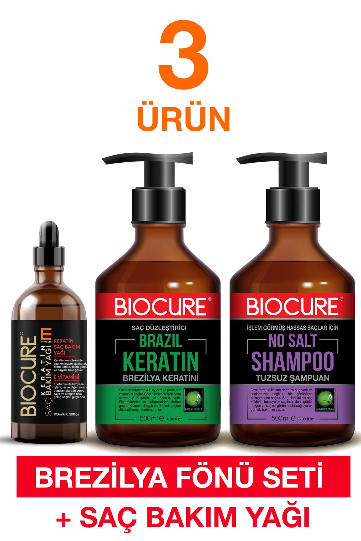 Biocure Keratin Saç Bakım Seti/ Saç Düzleştirici Brezilya Keratin + Tuzsuz Şampuan + Saç Bakım Yağı