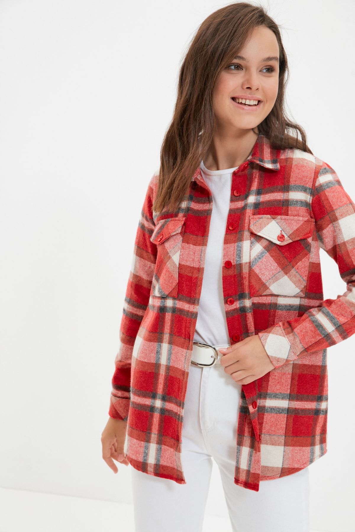Trendyol Modest Kırmızı Oduncu Ekose Gömlek Tunik TCTAW22UK0150