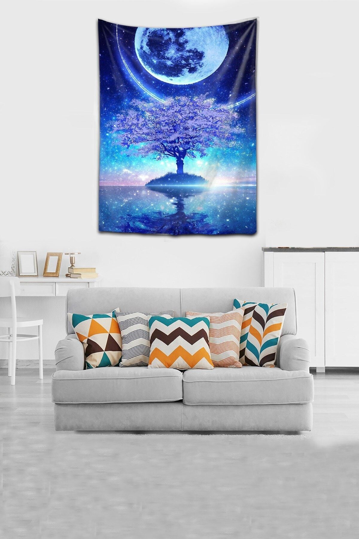 on the clouds Hayat Ağacı Yıldızlar Ay Yıkanabilir Leke Tutmaz Kumaş Duvar Örtüsü Duvar Halısı Tapestry