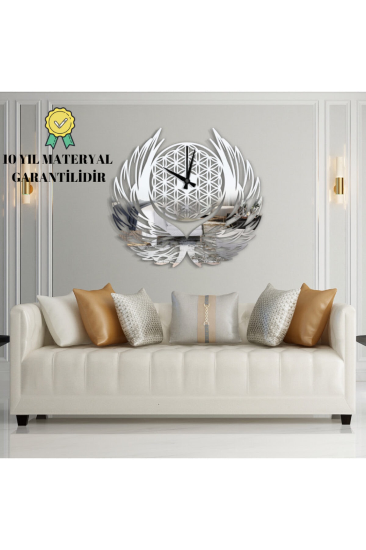 NEW DECORİA Melek Kanatlı Yaşam Çiçeği Krom Gümüş Ayna Duvar Saati 56x60x3 Cm
