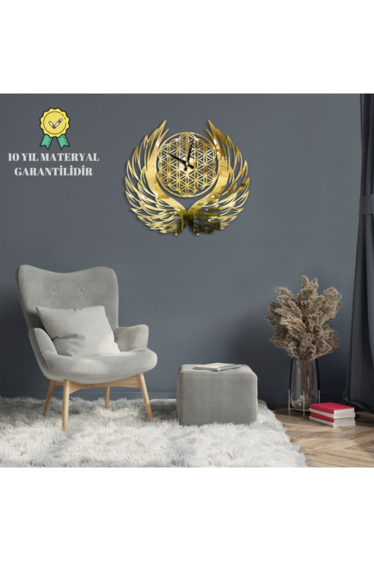 NEW DECORİA Melek Kanatlı Yaşam Çiçeği Gold Ayna Duvar Saati 58x58x3 Cm