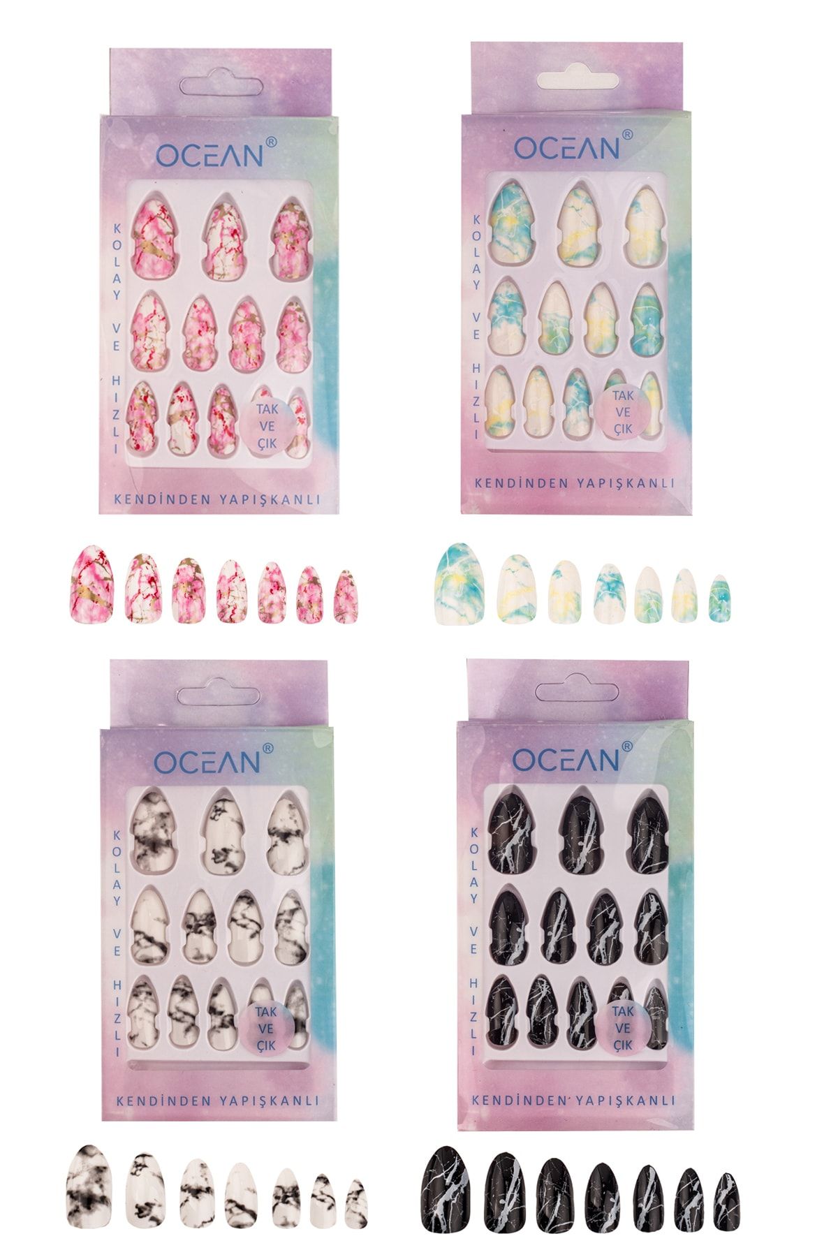 Ocean Badem Batik Desenli Ebruli Tak Ve Çık Takma Tırnak 4'lü Set