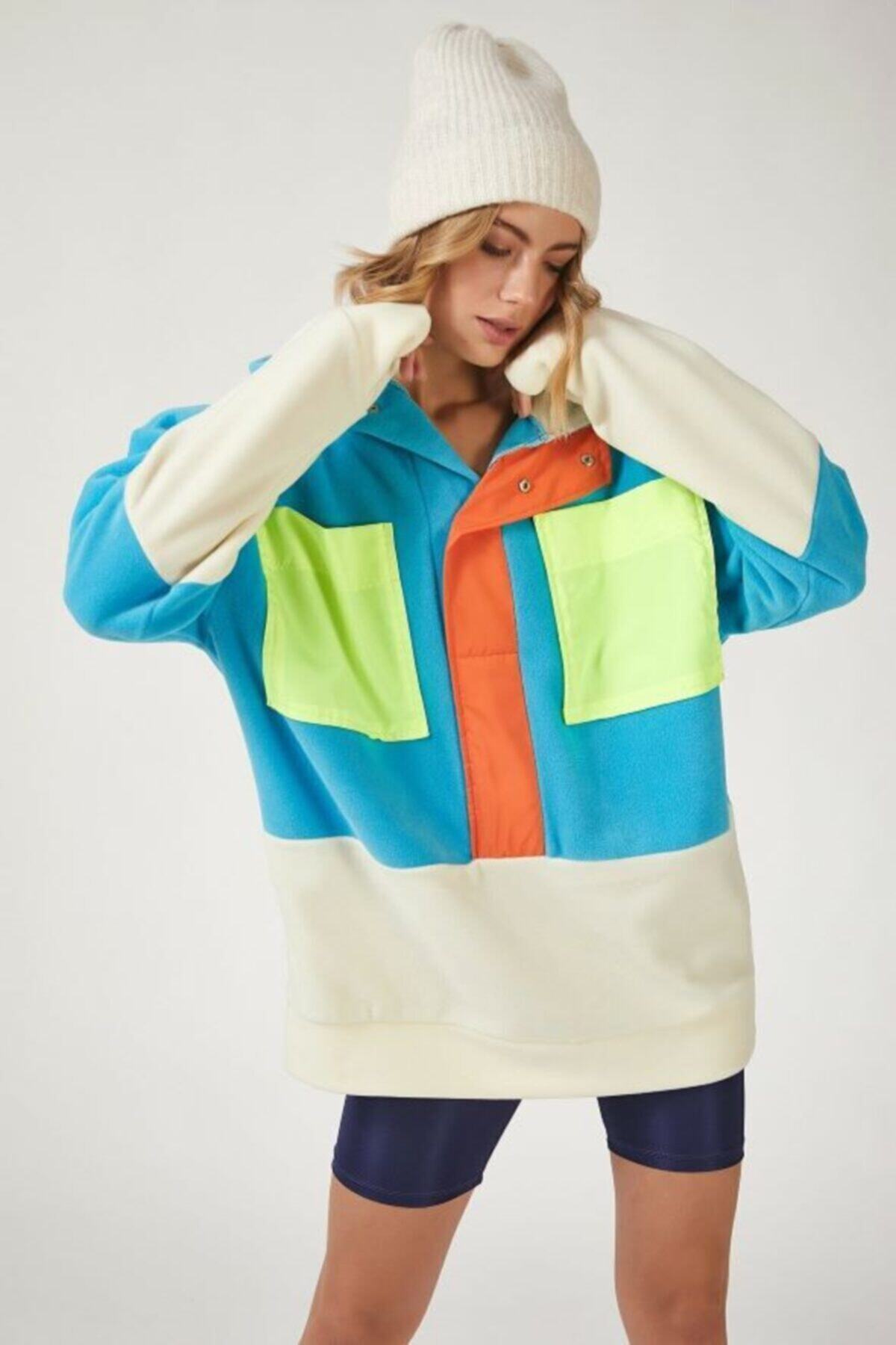 VOLT CLOTHİNG Kadın Mavi Blok Renkli Oversize Polar Sweatshirt