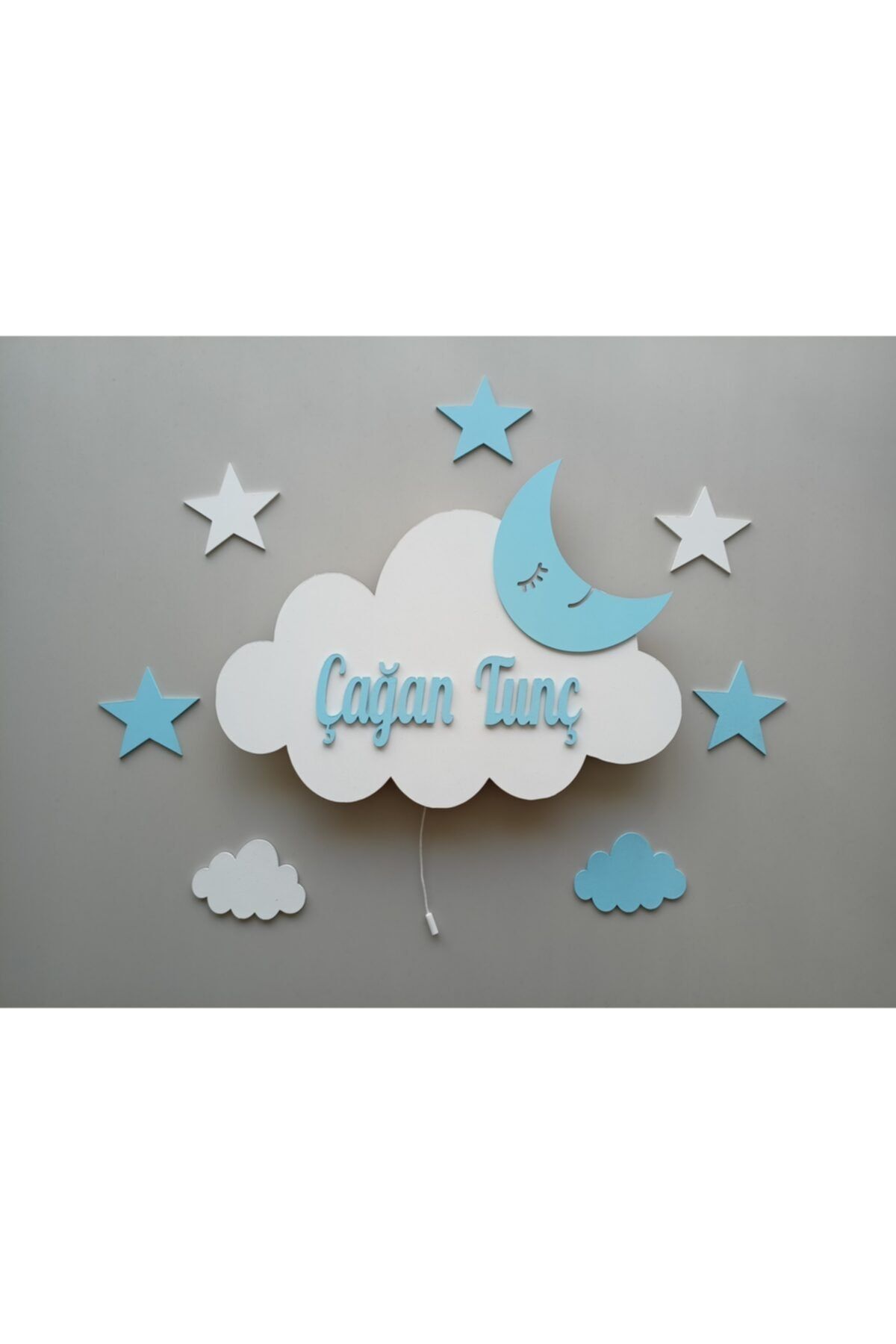 Babystasarım Ahşap Işıklı Mavi & Beyazbulut Set Çocuk Odası Gece Lambası Aydınlatma 008