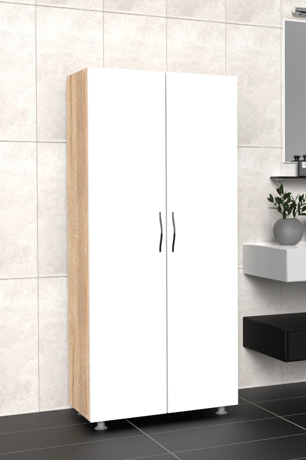 Mimilos Iki Kapılı Raflı Çok Amaçlı Dolap D1 Kapaklı Banyo Dolabı Sonoma-beyaz