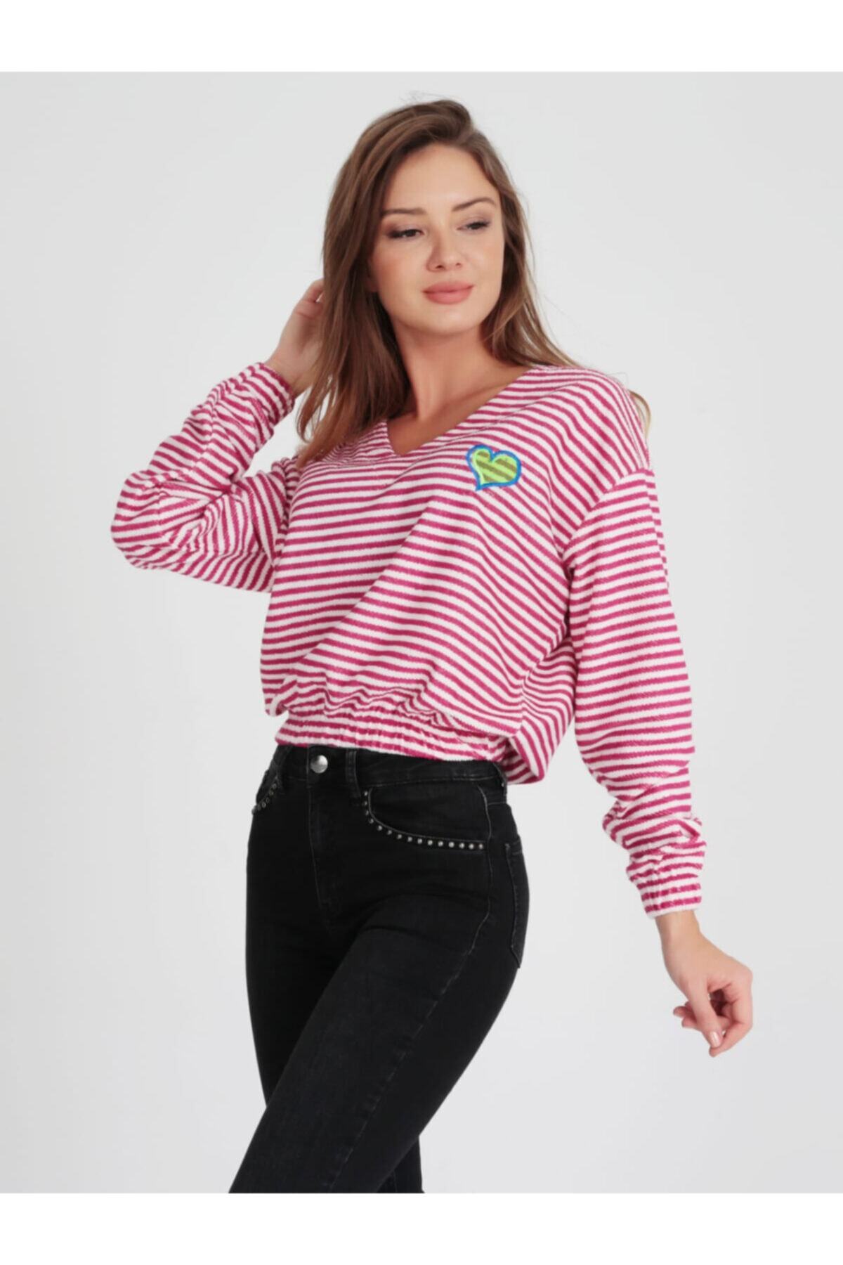 Masorte Kalp Detaylı Beli Lastikli Triko Pembe Sweat