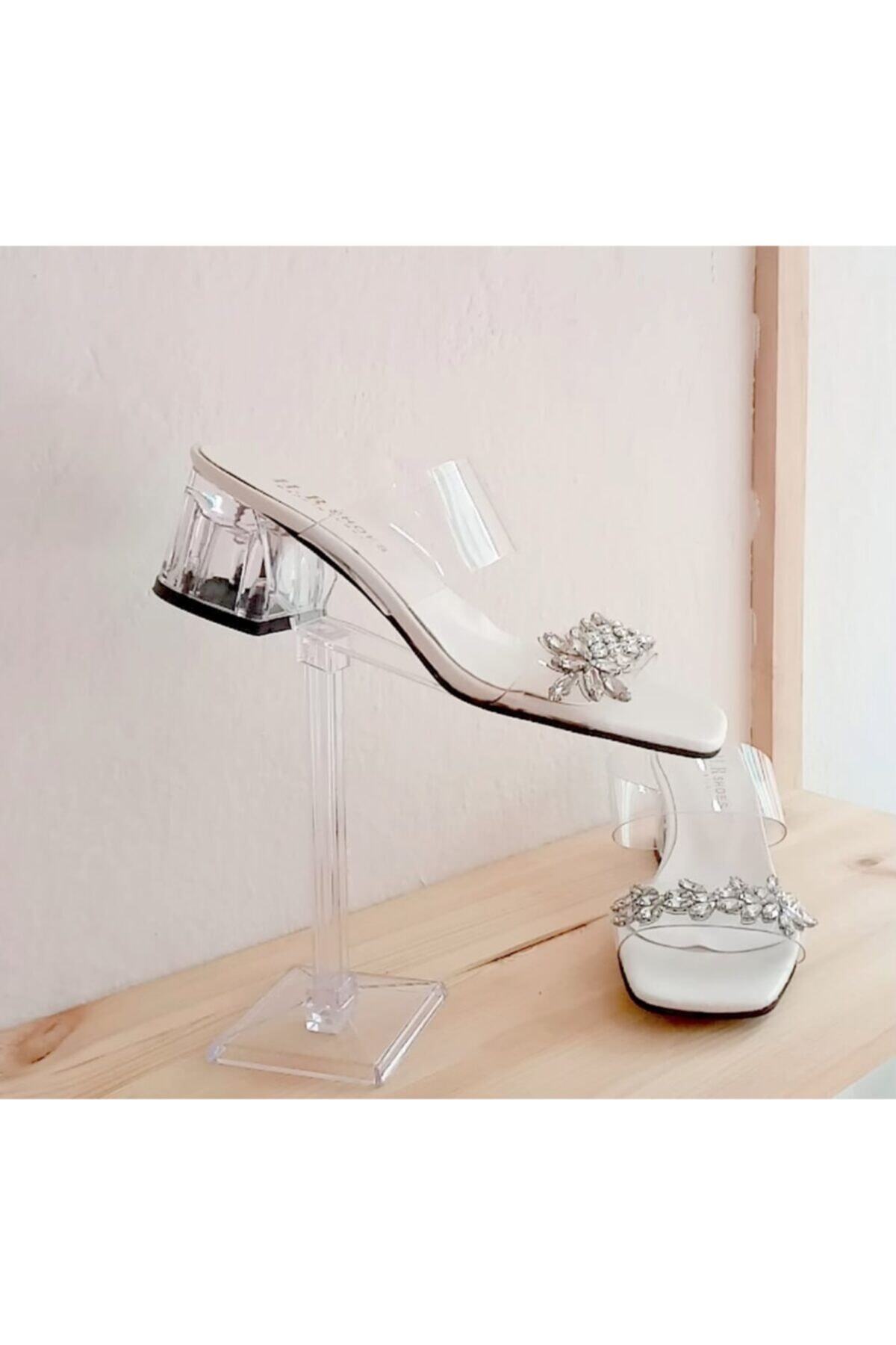 cundashoesbyipek Crystal Beyaz Taşlı Şeffaf Bantlı Terlik