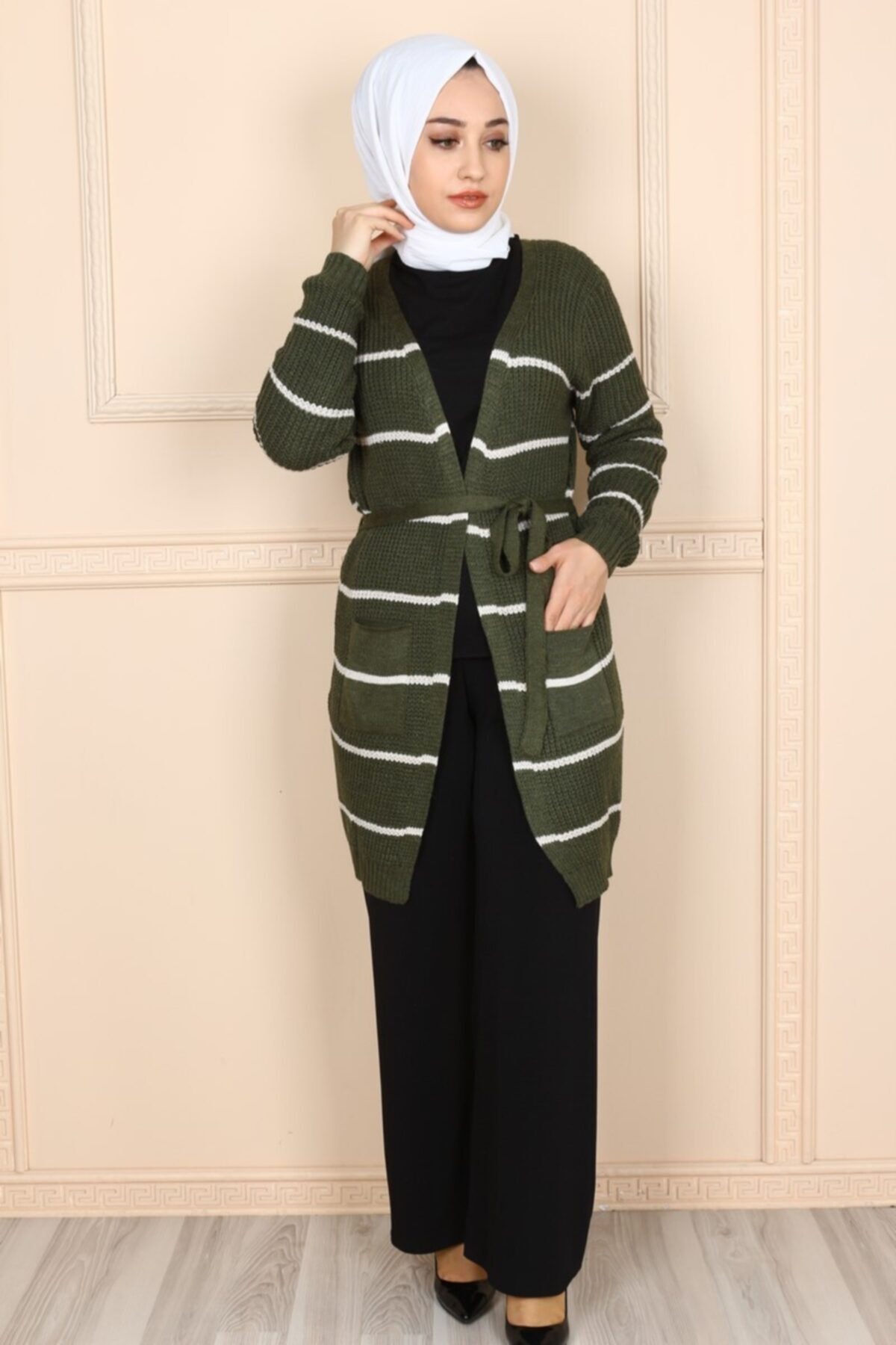 eymina Ince Çizgili Tesettür Hırka