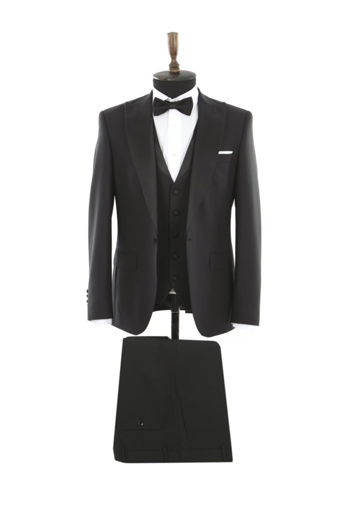 Jakamen Slim Fit Çıkma Sivri Yaka Yelekli Erkek Siyah Damatlık