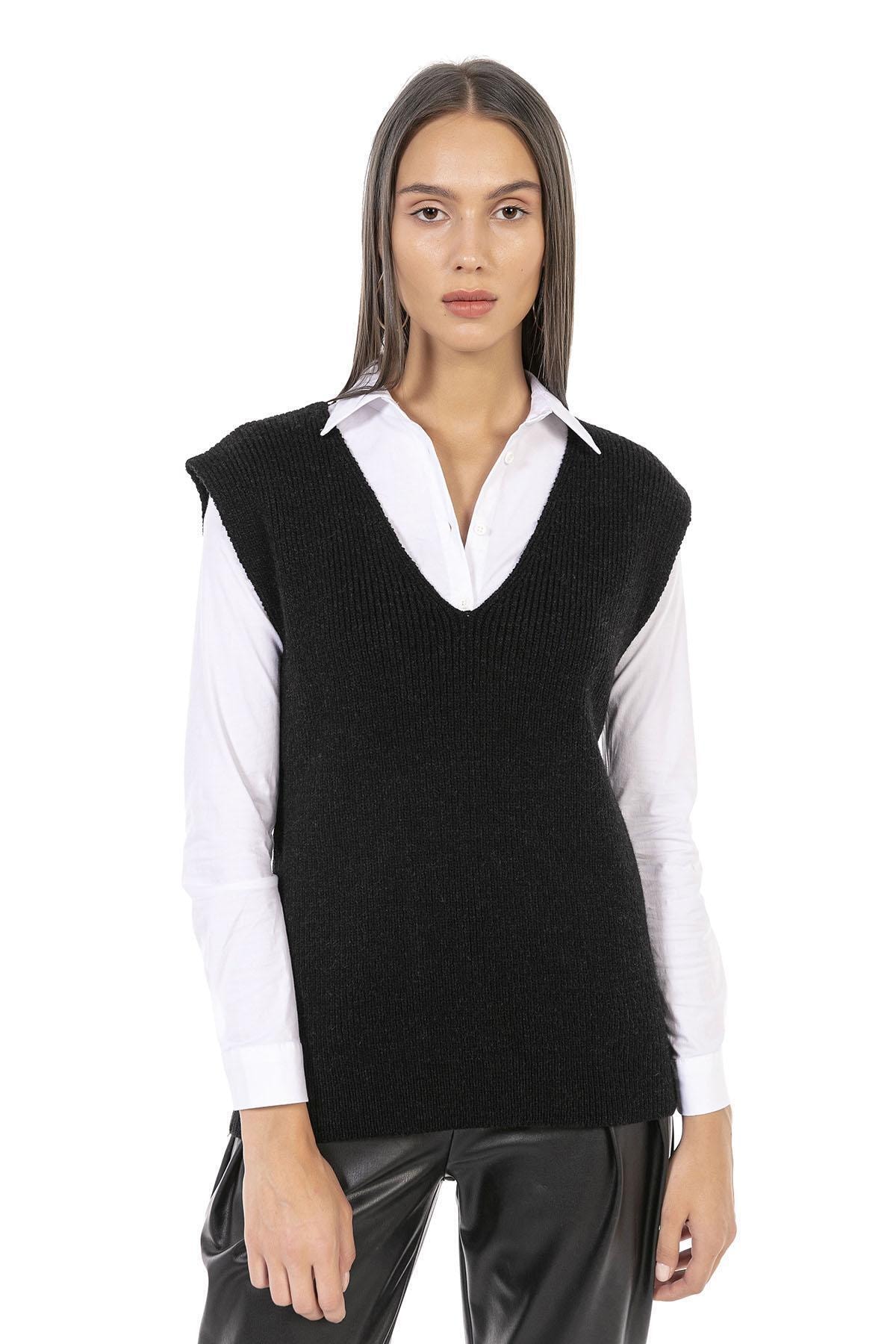 Miss Poem Kadın V Yaka Süveter 32893 Siyah