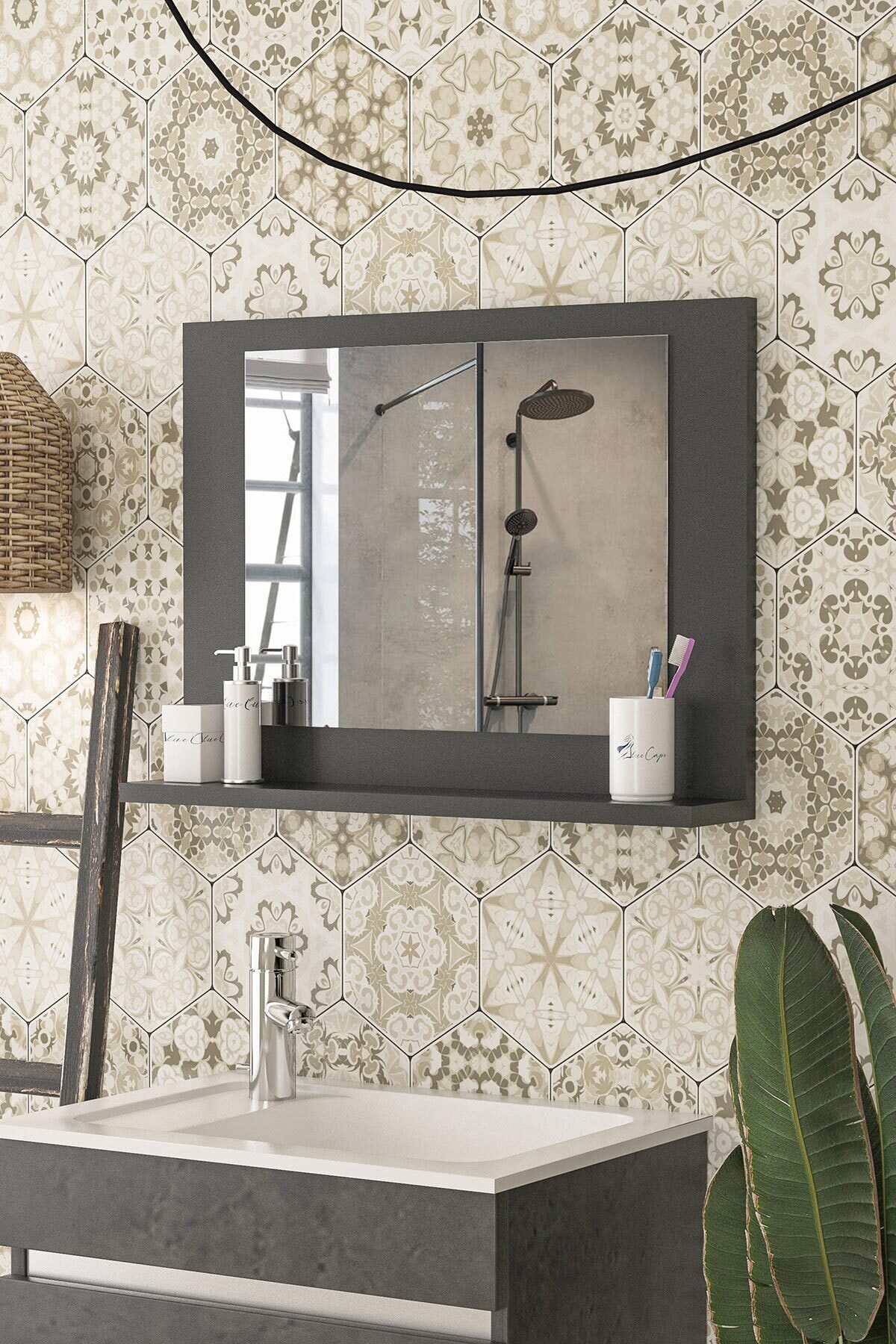 bluecape Modena 60x45cm Antrasit Raflı Ayna Dresuar Hol Koridor Salon Banyo Wc Ofis Çocuk Yatak Odası Boy