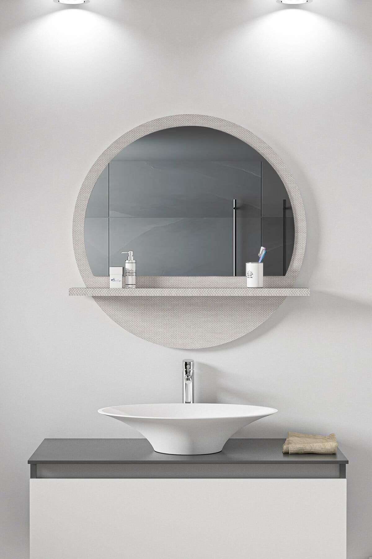 bluecape Yuvarlak Raflı Ayna 60cm Gri Chevron Dresuar Hol Koridor Salon Banyo Wc Ofis Çocuk Yatak Odası Boy