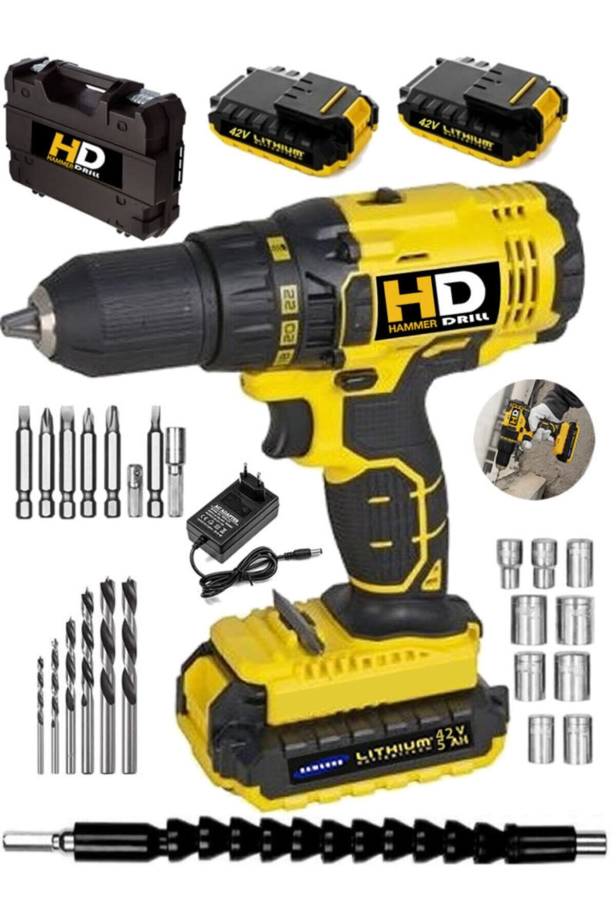 HD Hammer Drill American 42 V 5 Ah X-power Metal Şanzuman Bakır Sargılı Çift Akülü Şarjlı Vidalama 27 Parça Set