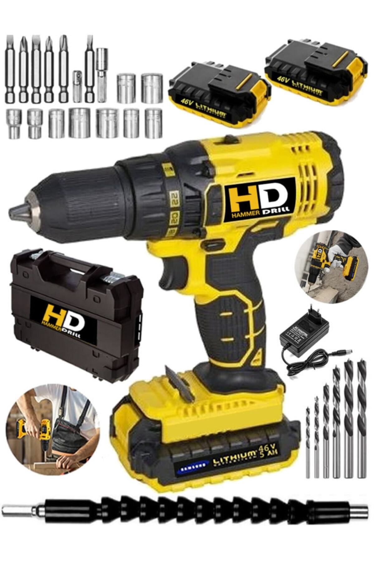 HD Hammer Drill American 46 V 5 Ah Hd-21s01 Metal Şanzuman Bakır Sargılı Çift Akülü Şarjlı Vidalama 27 Parça Set