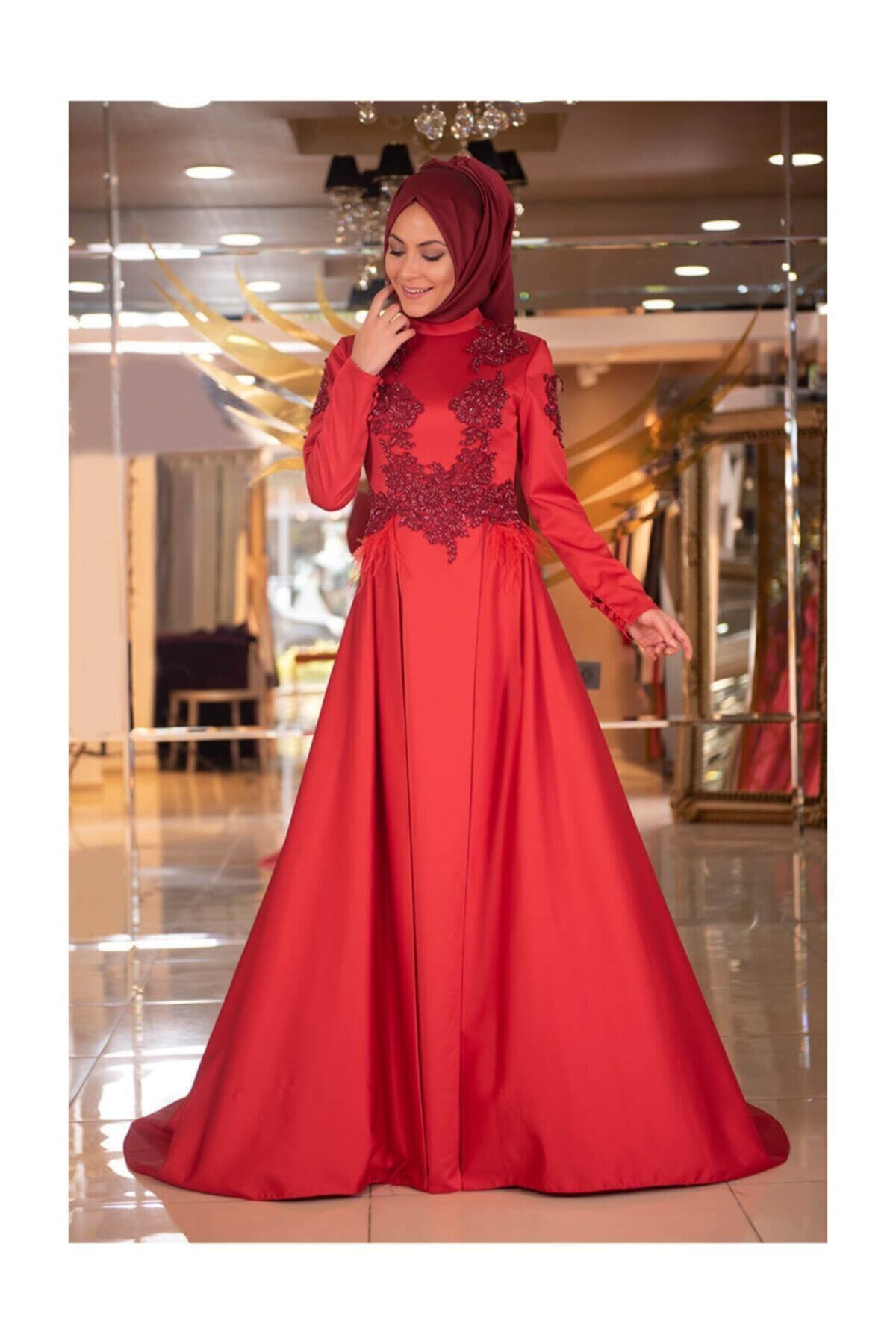 minel aşk - Kırmızı Tesettür Abiye - 5307
